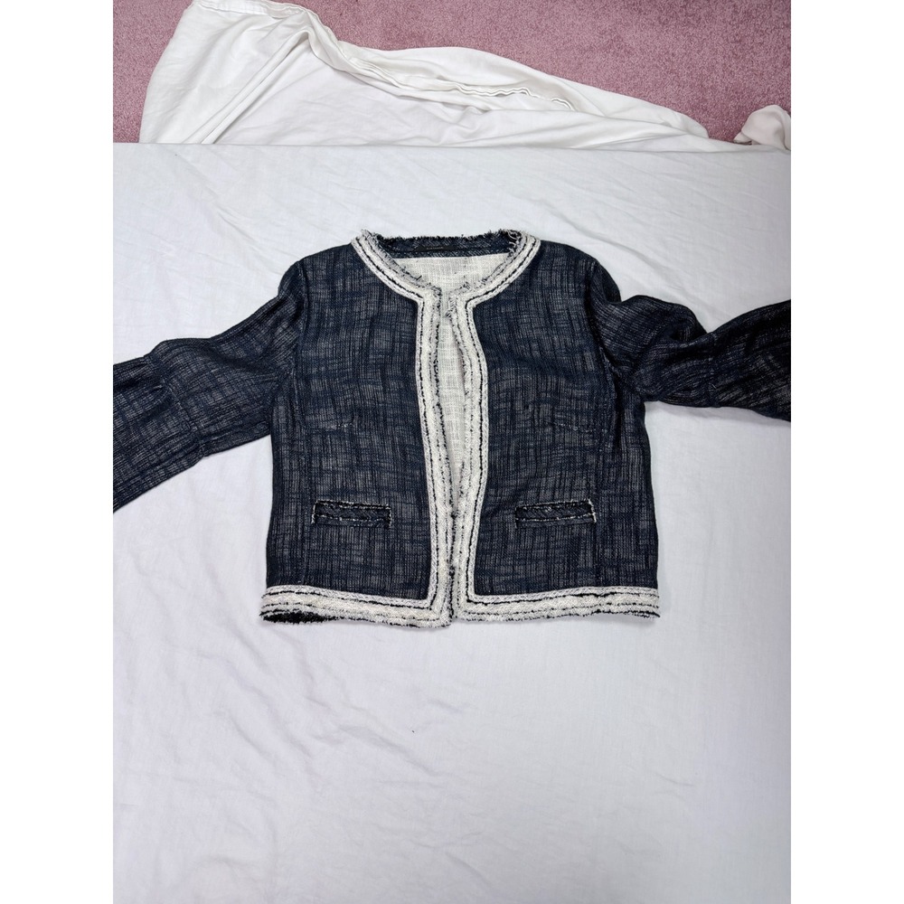 Elie Tahari Navy White Fringed Tweed Jacket ES08C108 Size A Cotton Linen Blend